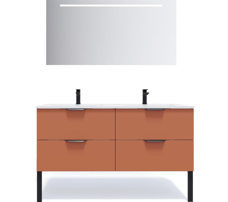 Meuble De Salle De Bain Double Vasque 140cm 4 Tiroirs Terracotta + Miroir - Soho