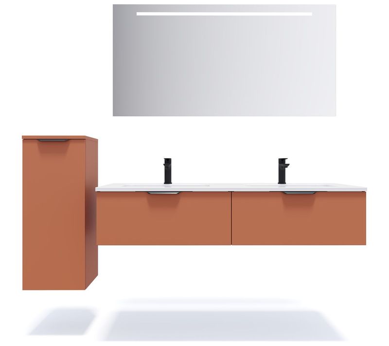 Ensemble Salle De Bain Double Vasque 140cm 2 Tiroirs Terracotta + Miroir + Colonne Gauche - Soho
