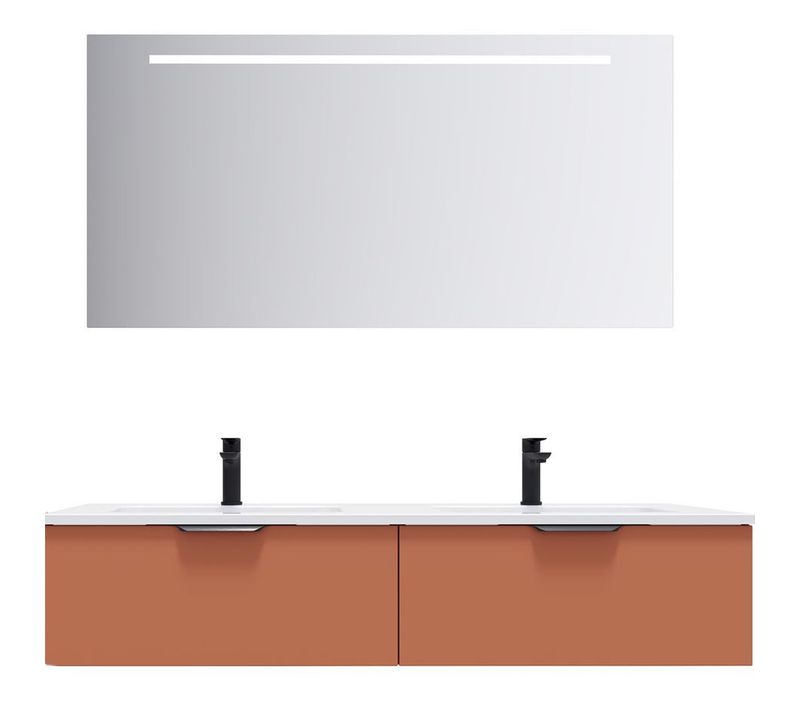 Meuble De Salle De Bain Double Vasque 140cm 2 Tiroirs Terracotta + Miroir - Soho