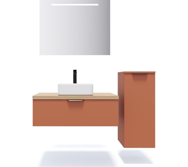 Ensemble Salle De Bain Vasque Posée 90cm 1 Tiroir Terracotta + Miroir + Colonne Droite - Soho