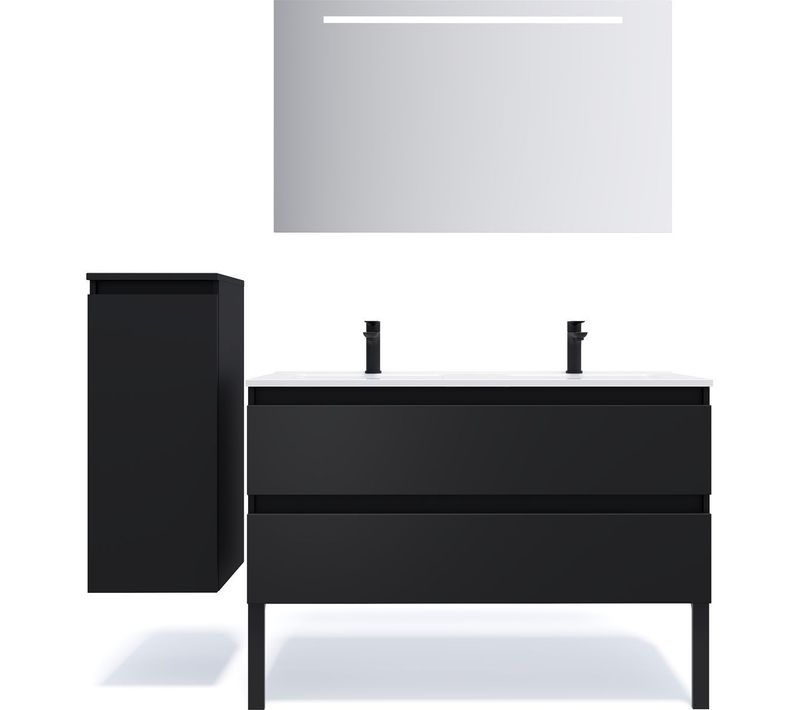 Ensemble Salle De Bain Double Vasque 120cm 2 Tiroirs Noir + Miroir + Colonne Gauche - Hudson