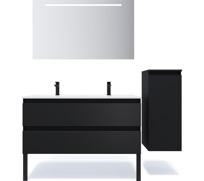 Ensemble Salle De Bain Double Vasque 120cm 2 Tiroirs Noir + Miroir + Colonne Droite - Hudson