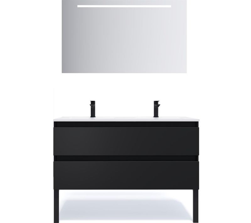 Meuble De Salle De Bain Double Vasque 120cm 2 Tiroirs Noir + Miroir - Hudson