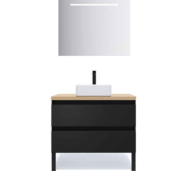 Meuble De Salle De Bain Vasque Posée 90cm 2 Tiroirs Noir + Miroir - Hudson