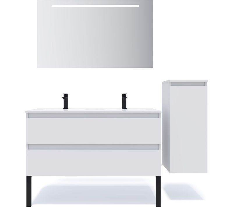 Ensemble Salle De Bain Double Vasque 120cm 2 Tiroirs Blanc + Miroir + Colonne Droite - Hudson