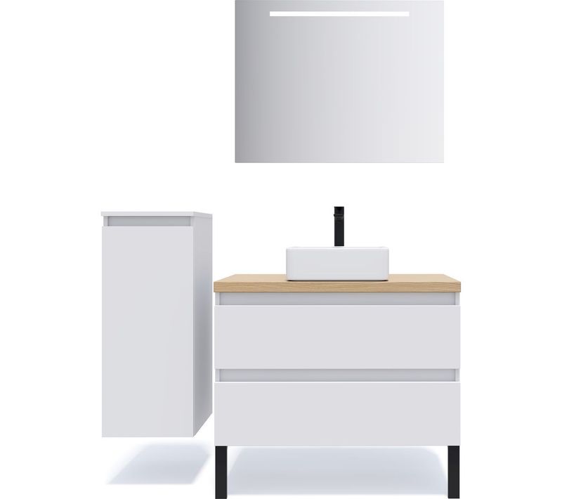 Ensemble Salle De Bain Vasque Posée 90cm 2 Tiroirs Blanc + Miroir + Colonne Gauche - Hudson