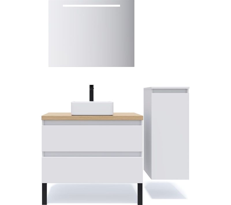 Ensemble Salle De Bain Vasque Posée 90cm 2 Tiroirs Blanc + Miroir + Colonne Droite - Hudson