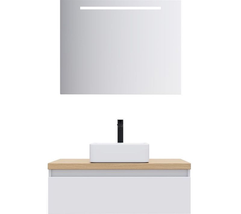 Meuble De Salle De Bain Vasque Posée 90cm 1 Tiroir Blanc + Miroir - Hudson