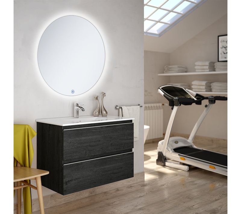 Meuble De Salle De Bain Simple Vasque - Balea Et Miroir Rond LED Solen - Ebony (bois Noir) - 80cm