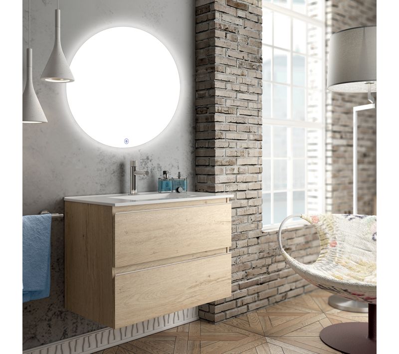 Meuble De Salle De Bain Simple Vasque - Balea Et Miroir Rond LED Solen - Bambou (chêne Clair) - 80cm