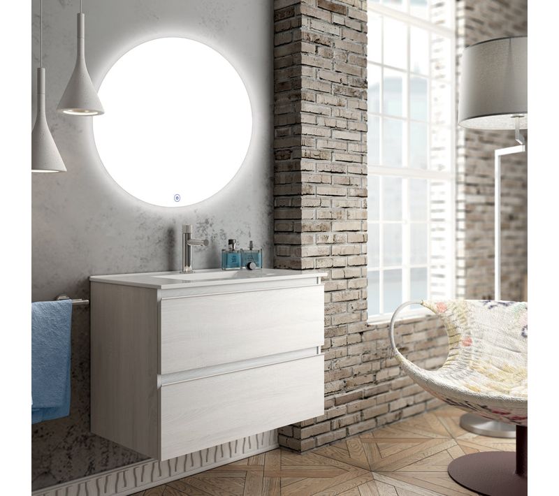 Meuble De Salle De Bain Simple Vasque - Balea Et Miroir Rond LED Solen - Bois Blanchi - 60cm