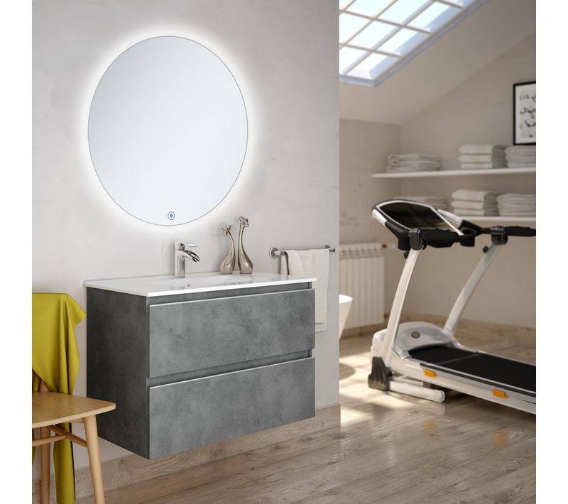 Meuble De Salle De Bain Simple Vasque - Balea Et Miroir Rond LED Solen - Ciment (gris) - 60cm