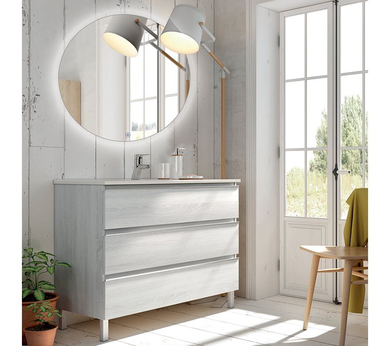 Meuble De Salle De Bain Simple Vasque - Palma Et Miroir Rond LED Solen - Bois Blanchi - 80cm