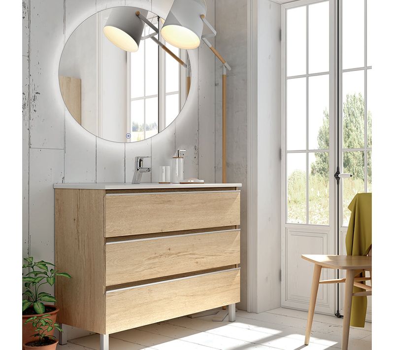 Meuble De Salle De Bain Simple Vasque - Palma Et Miroir Rond LED Solen - Bambou (chêne Clair) - 80cm