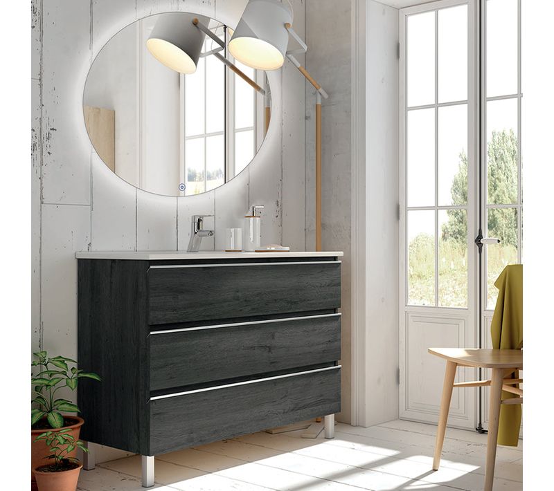 Meuble De Salle De Bain Simple Vasque - Palma Et Miroir Rond LED Solen - Ebony (bois Noir) - 70cm