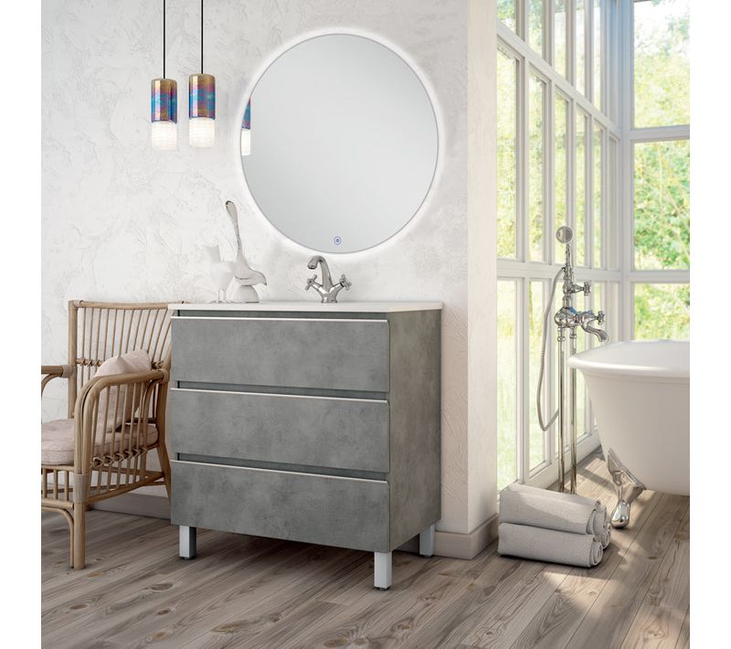 Meuble De Salle De Bain Simple Vasque - Palma Et Miroir Rond LED Solen - Ciment (gris) - 60cm