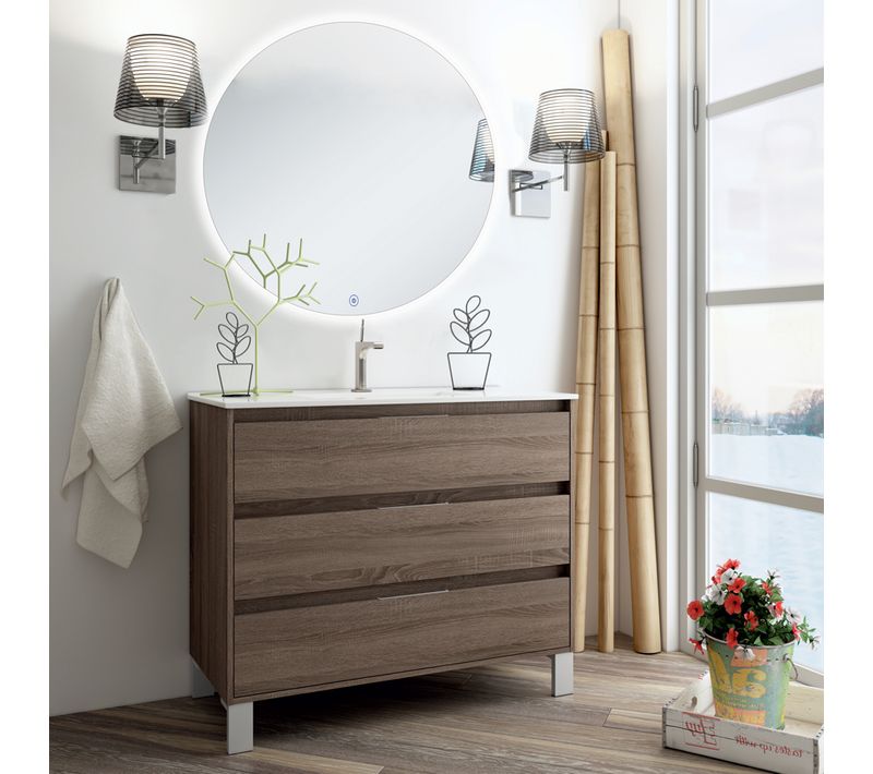 Meuble De Salle De Bain Simple Vasque - Tiris 3c Et Miroir Rond LED Solen - Chêne Foncé - 80cm