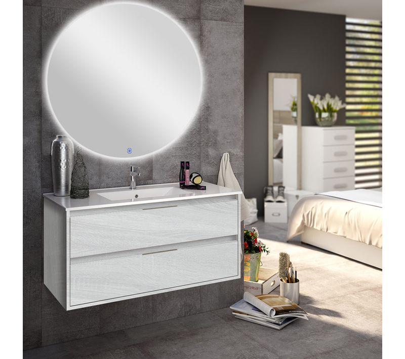 Meuble De Salle De Bain Simple Vasque - Iris Et Miroir Rond LED Solen - Bois Blanchi - 80cm