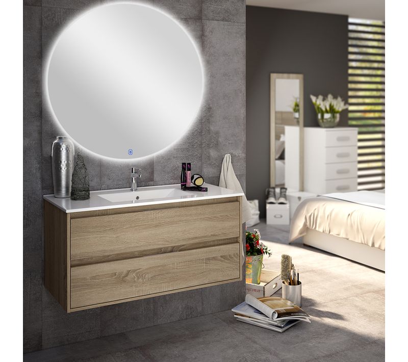 Meuble De Salle De Bain Simple Vasque - Iris Et Miroir Rond LED Solen - Cambrian (chêne) - 80cm