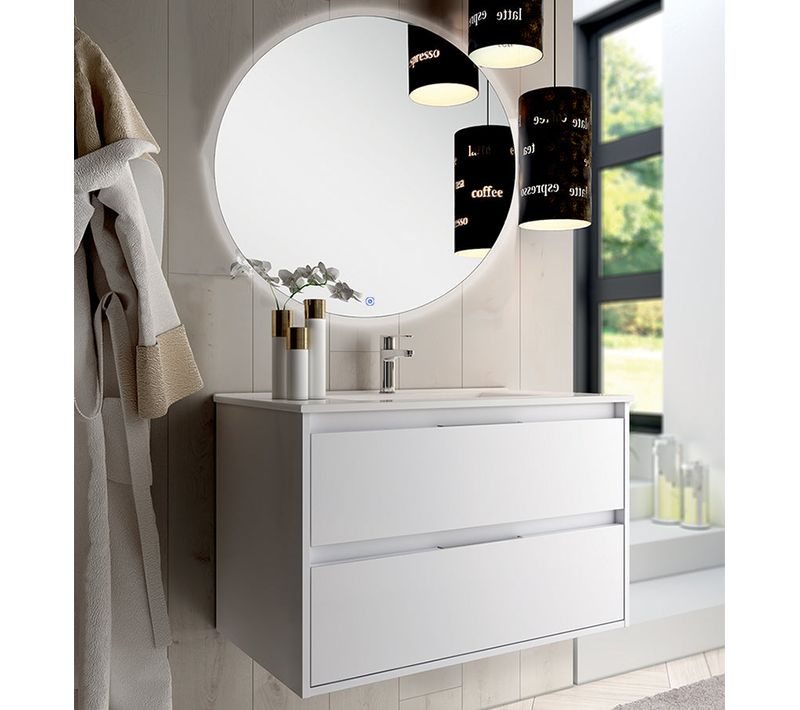 Meuble De Salle De Bain Simple Vasque - 2 Tiroirs - Iris Et Miroir Rond LED Solen - Blanc - 80cm