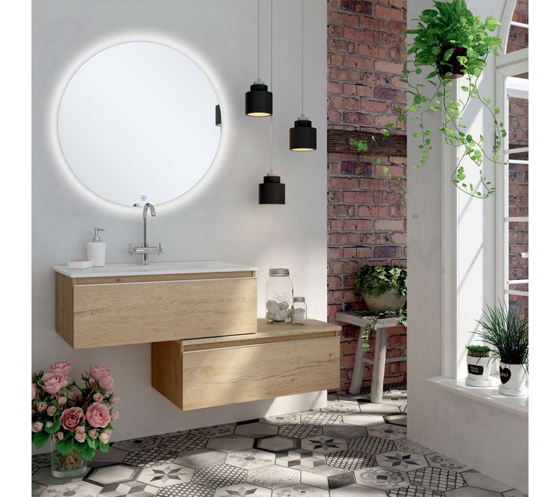 Meuble De Salle De Bain Simple Vasque - Pena Et Miroir Rond LED Solen - Bambou (chêne Clair) - 120cm