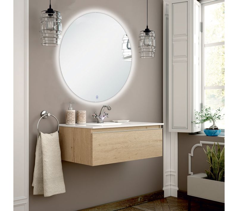 Meuble De Salle De Bain Simple Vasque - Pena Et Miroir Rond LED Solen - Bambou (chêne Clair) - 80cm