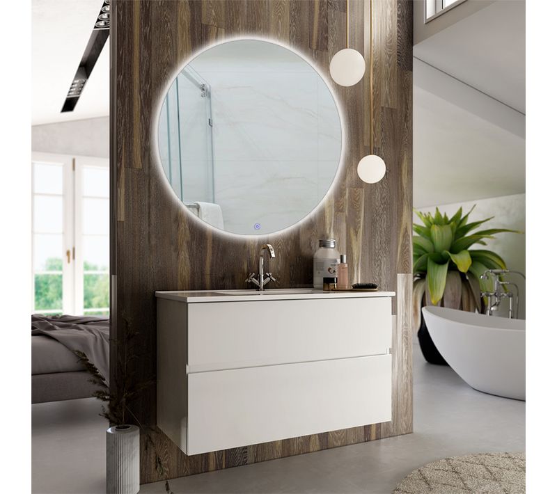 Meuble De Salle De Bain Simple Vasque - 2 Tiroirs - Mig Et Miroir Rond LED Solen - Blanc - 70cm