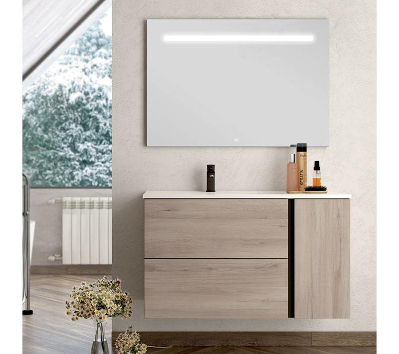 Meuble De Salle De Bain Vasque Déportée - Prado Et Miroir LED Stam - Oak (chêne Brut) - 100cm