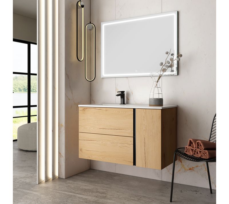 Meuble De Salle De Bain Vasque Déportée - Prado Et Miroir LED Veldi - Roble (chêne Clair) - 100cm