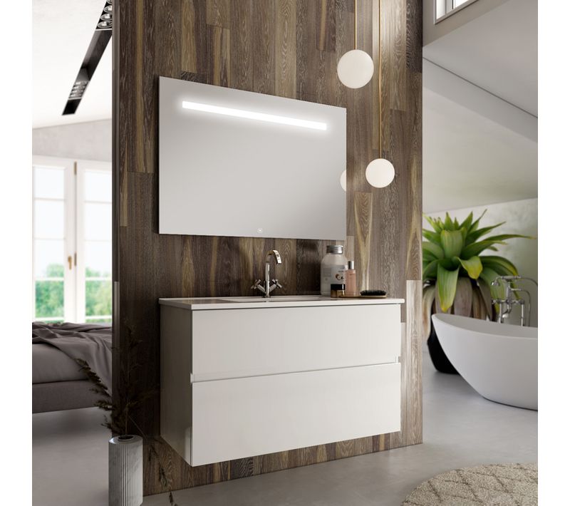 Meuble De Salle De Bain Simple Vasque - 2 Tiroirs - Mig Et Miroir LED Stam - Blanc - 70cm