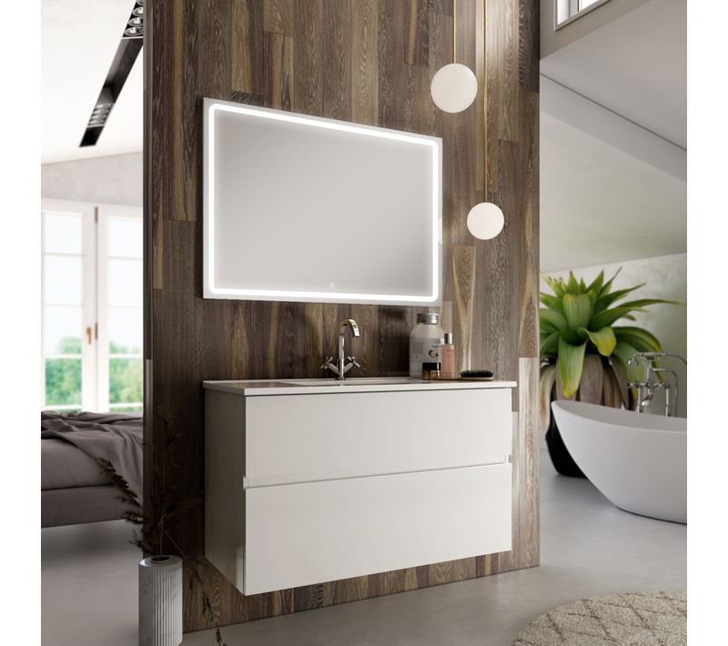 Meuble De Salle De Bain Simple Vasque - 2 Tiroirs - Mig Et Miroir LED Veldi - Blanc - 60cm