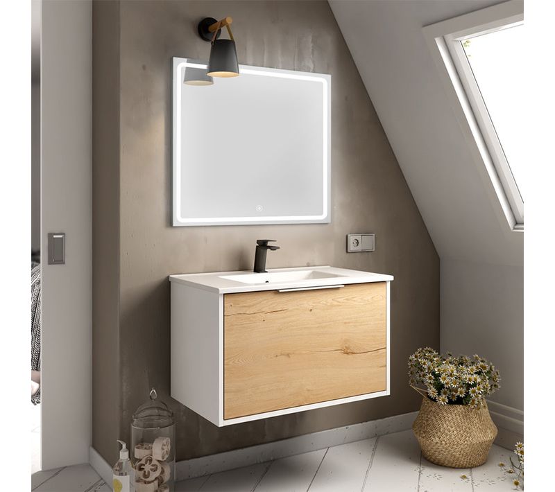 Meuble De Salle De Bain Simple Vasque - Alba Et Miroir Veldi - Blanc-chêne - 80cm
