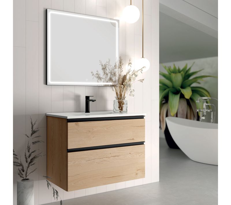 Meuble De Salle De Bain Simple Vasque - 2 Tiroirs - Crema Et Miroir LED Veldi - 80cm