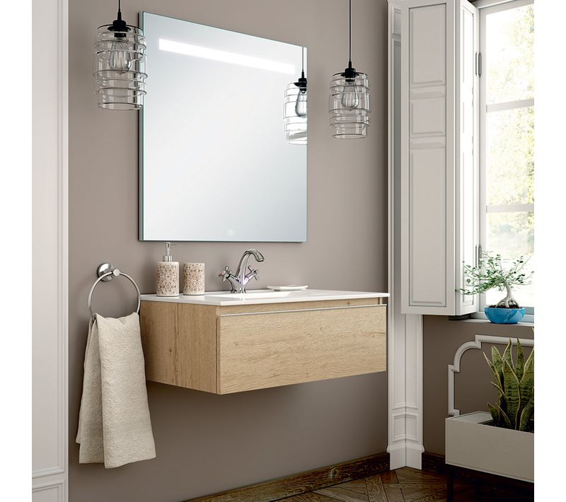 Meuble De Salle De Bain Simple Vasque - Pena Et Miroir LED Stam - Bambou (chêne Clair) - 80cm