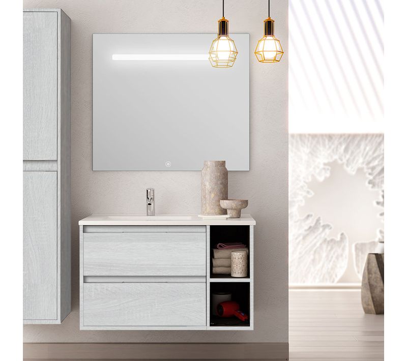 Meuble De Salle De Bain Vasque Déportée - Olympe Et Miroir LED Stam - Bois Blanchi - 80cm