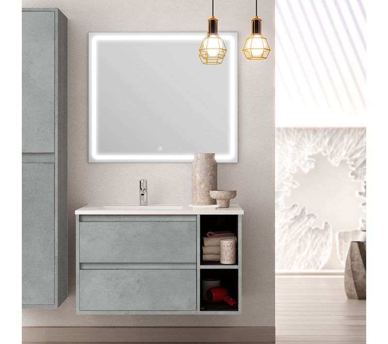 Meuble De Salle De Bain Vasque Déportée 2 Tiroirs Olympe Et Miroir LED Veldi - Ciment (gris) - 80cm