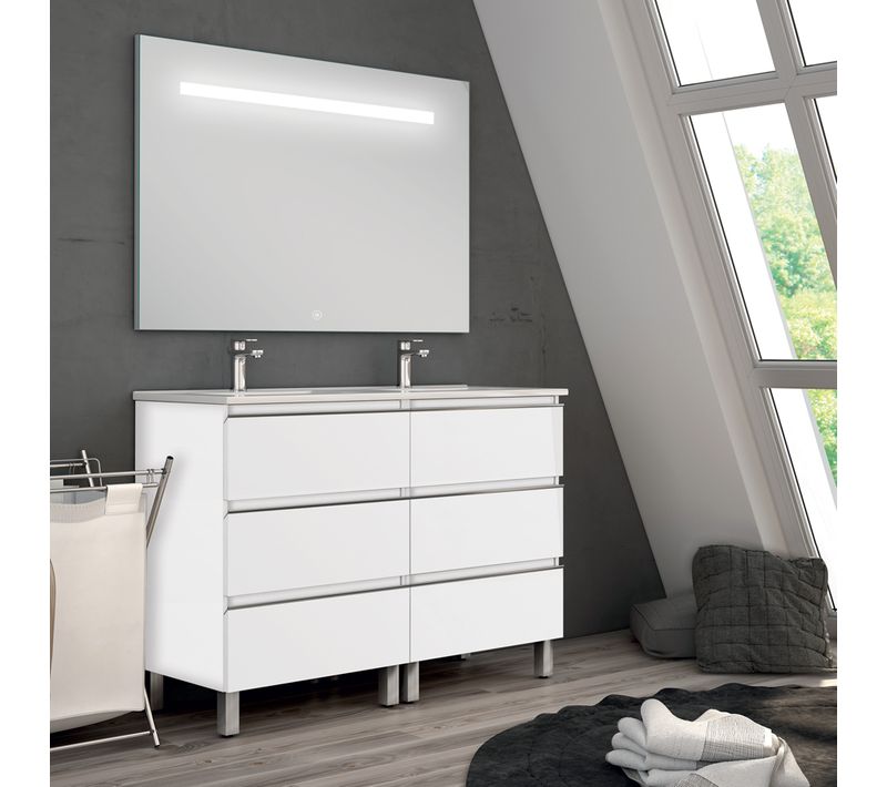 Meuble De Salle De Bain Double Vasque - 6 Tiroirs - Palma Et Miroir LED Stam - Blanc - 120cm