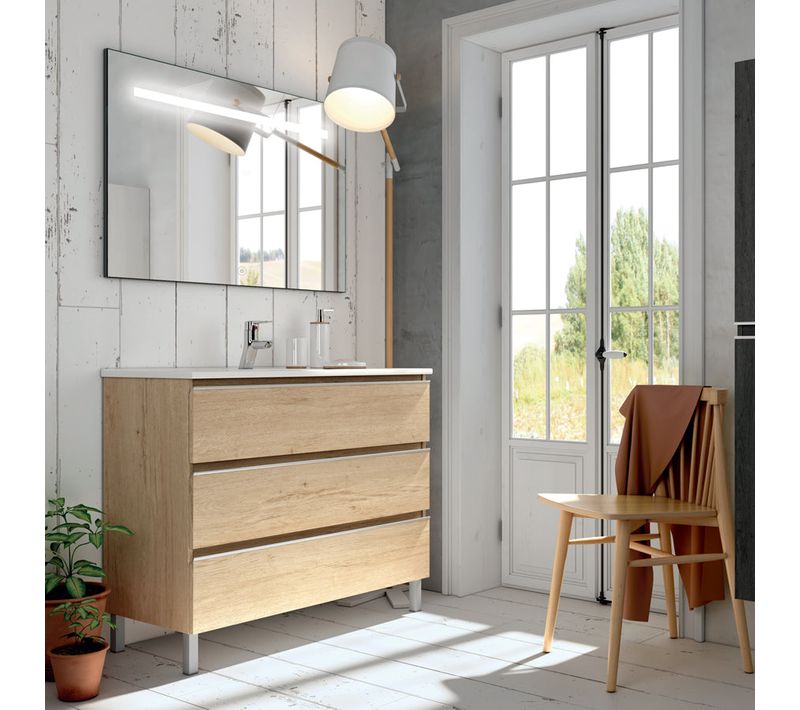 Meuble De Salle De Bain Simple Vasque - Palma Et Miroir LED Stam - Bambou (chêne Clair) - 80cm