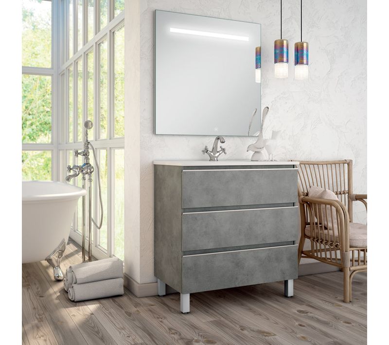 Meuble De Salle De Bain Simple Vasque - 3 Tiroirs - Palma Et Miroir LED Stam - Ciment (gris) - 70cm