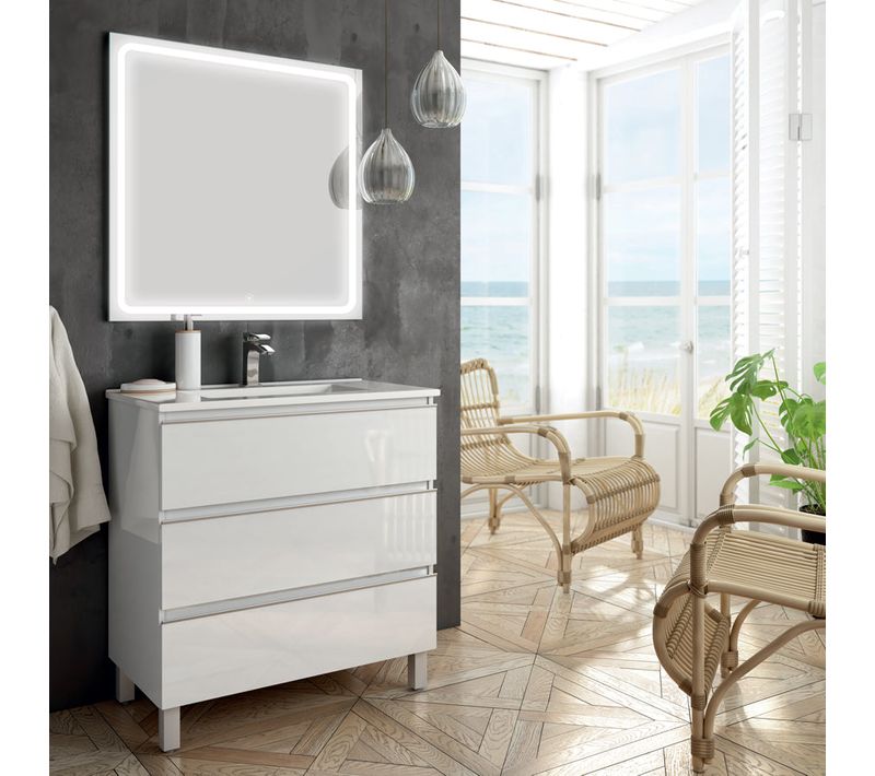 Meuble De Salle De Bain Simple Vasque - 3 Tiroirs - Palma Et Miroir LED Veldi - Blanc - 80cm