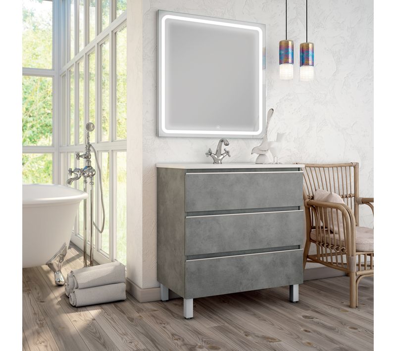 Meuble De Salle De Bain Simple Vasque - Palma Et Miroir LED Veldi - Ciment (gris) - 70cm