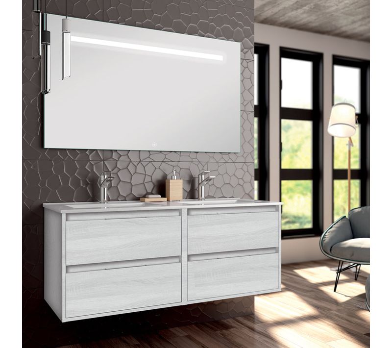 Meuble De Salle De Bain Double Vasque - Iris Et Miroir LED Stam - Hibernian (bois Blanchi) - 120cm