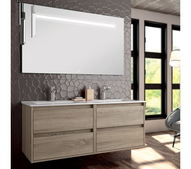 Meuble De Salle De Bain Double Vasque - Iris Et Miroir LED Stam - Cambrian (chêne) - 120cm
