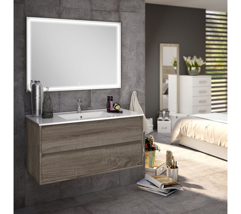 Meuble De Salle De Bain Simple Vasque - Iris Et Miroir LED Veldi - Britannia (chêne Foncé) - 80cm