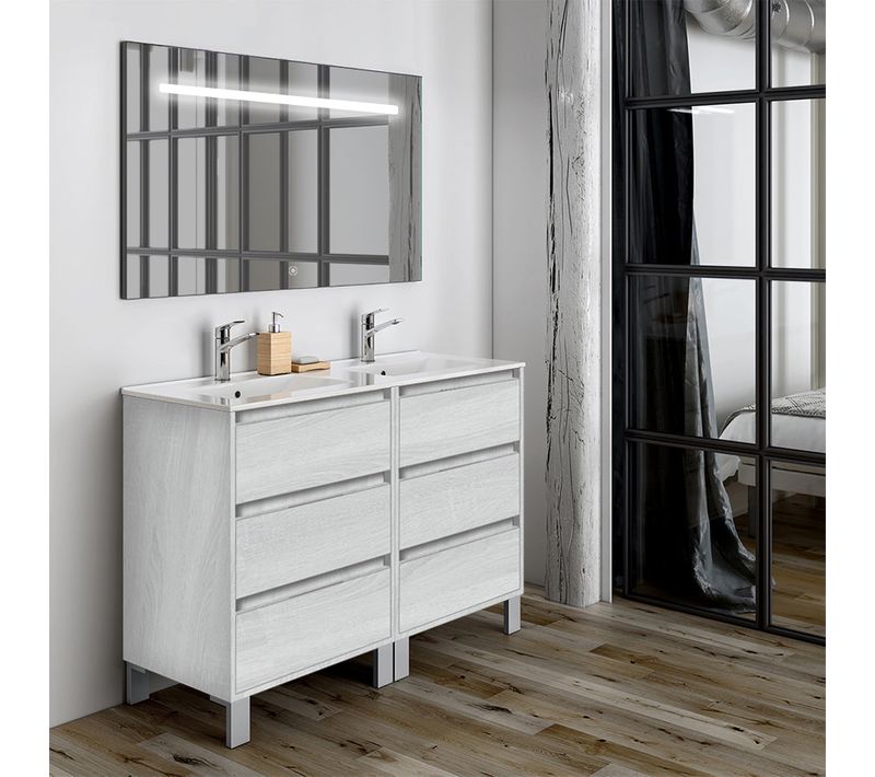 Meuble De Salle De Bain Double Vasque - Tiris 3c Et Miroir LED Stam - Bois Blanchi - 120cm