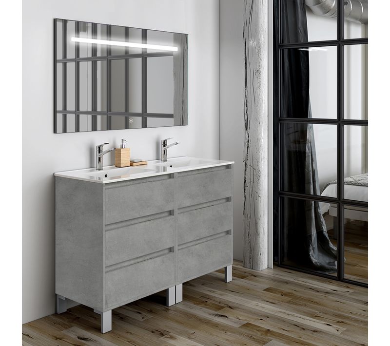 Meuble De Salle De Bain Double Vasque - Tiris 3c Et Miroir LED Stam - Ciment (gris) - 120cm