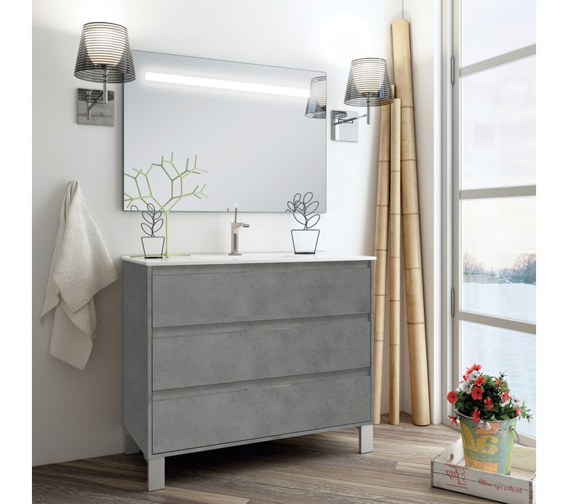 Meuble De Salle De Bain Simple Vasque - Tiris 3c Et Miroir LED Stam - Ciment (gris) - 100cm