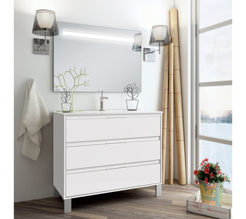 Meuble De Salle De Bain Simple Vasque - 3 Tiroirs - Tiris 3c Et Miroir LED Stam - Blanc - 100cm