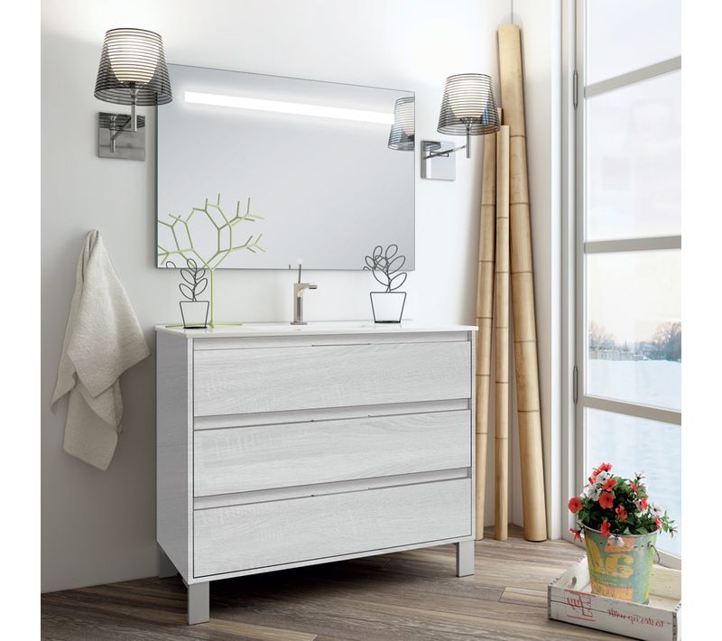 Meuble De Salle De Bain Simple Vasque - Tiris 3c Et Miroir LED Stam - Bois Blanchi - 80cm