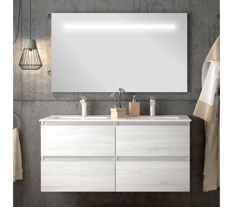 Meuble De Salle De Bain Simple Vasque - Balea Et Miroir LED Stam - Hibernian (bois Blanchi) - 120cm